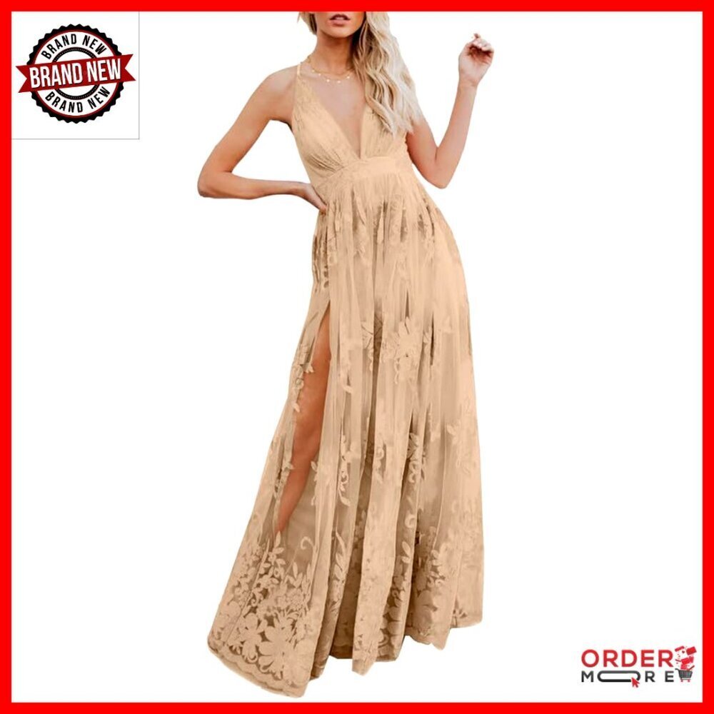 Deep V-Neck Embroidered Lace Mesh Formal Evening Dress Elegant Wedding Guest